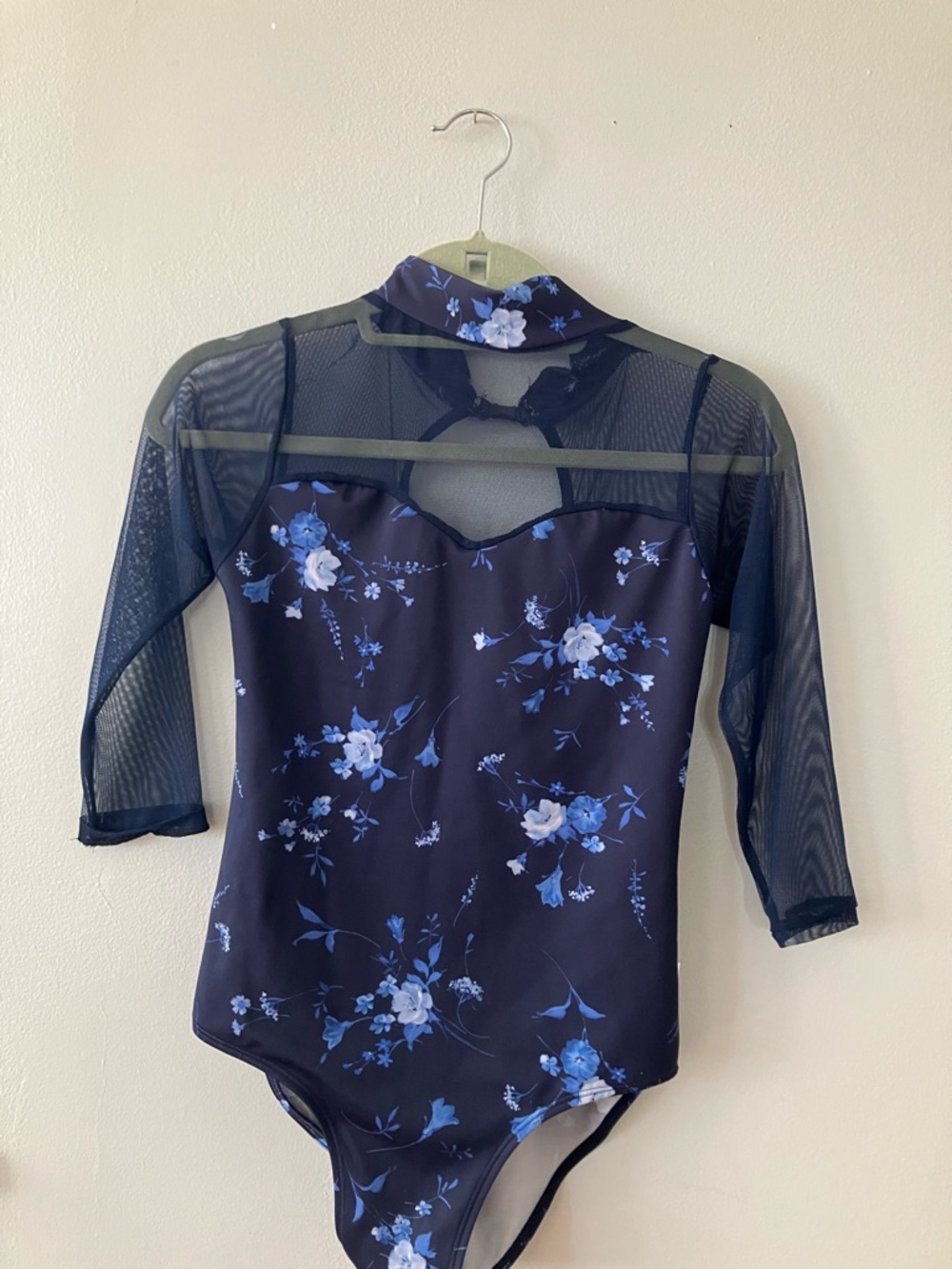 Navy Floral Mesh Sleeve Leotard